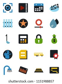 Color and black flat icon set - airport bus vector, document, barcode, route, calculator, calendar, brightness, video, sertificate, lock, bathroom, ladle, water, radiator, warm floor, eye scan
