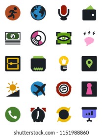 Color and black flat icon set - phone vector, female, brainstorm, bulb, circle chart, stamp, run, earth, plane, cash, microphone, hdmi, alarm, scanner, brightness, place tag, update, eye scan