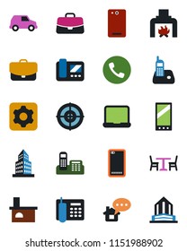 Color and black flat icon set - cafe vector, phone, case, fireplace, radio, mobile, back, settings, office building, target, notebook pc, intercome, home message, car