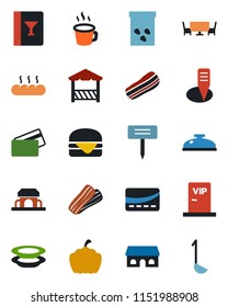 Color and black flat icon set - plant label vector, pumpkin, seeds, coffee, wine card, reception, plates, bacon, bread, cafe building, table, vip zone, alcove, credit, hamburger, ladle