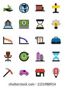 Color and black flat icon set - office building vector, palm sproute, clock, earth, crisis, chair, idea, cash, case, car, contract, storefront, guidepost, hard work, sand, air balloon