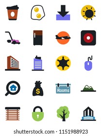 Color and black flat icon set - plane vector, lock, office building, mouse, money bag, coffee, tree, lawn mower, sun, rec button, download, mountains, rooms, estate search, city house, omelette
