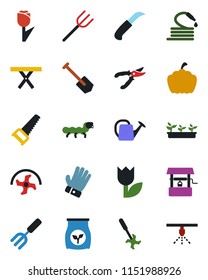 Color and black flat icon set - job vector, garden fork, farm, ripper, watering can, pruner, glove, saw, seedling, well, hose, knife, pumpkin, caterpillar, picnic table, fertilizer, tulip, sprinkler