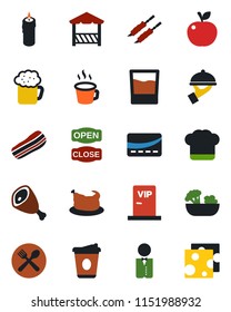 Color and black flat icon set - coffee vector, waiter, cafe, cook hat, drink, beer, salad, bacon, candle, vip zone, open close, alcove, credit card, chicken, kebab, ham, apple fruit, cheese