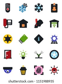 Color and black flat icon set - smart home vector, fingerprint, fan, remote control, irrigation, snowflake, intercome, smoke detector, bulb, outdoor lamp, garage gate, police, sun panel, door