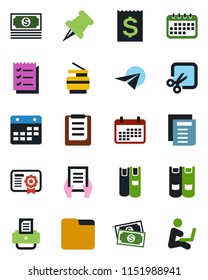Color and black flat icon set - book vector, document, printer, cash, receipt, clipboard, paper pin, folder, calendar, cut, checklist, copier, plane, certificate, man with notebook