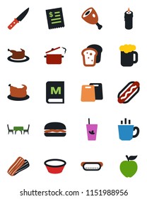 Color and black flat icon set - menu vector, phyto bar, coffee, beer, bacon, bread, candle, cafe table, restaurant receipt, chicken, ham, hamburger, hot dog, bowl, cutting board, knife, steaming pan