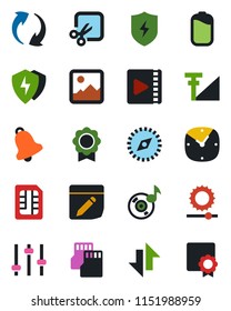 Color and black flat icon set - update vector, gallery, protect, tuning, clock, bell, sd, sim, notes, data exchange, brightness, cut, compass, music, video, cellular signal, battery, sertificate