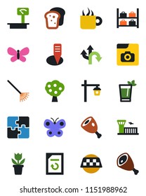Color and black flat icon set - taxi vector, luggage storage, airport building, document reload, flower in pot, rake, butterfly, plant label, garden light, route, heavy scales, photo gallery, coffee