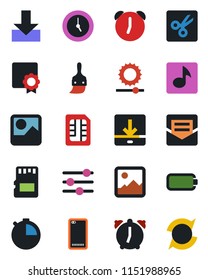 Color and black flat icon set - phone back vector, gallery, tuning, themes, clock, alarm, stopwatch, mail, sd, sim, download, brightness, cut, music, battery, sertificate, update