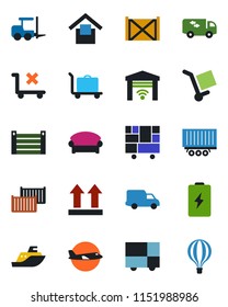 Color and black flat icon set - baggage trolley vector, waiting area, fork loader, plane, sea shipping, truck trailer, cargo container, car delivery, consolidated, warehouse storage, up side sign