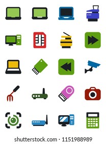 Color and black flat icon set - notebook pc vector, garden fork, camera, laptop, fast forward, rewind, sim, eye id, copier, router, usb flash, surveillance, calculator