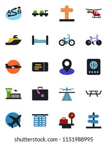 Color and black flat icon set - runway vector, suitcase, ticket, passport, baggage larry, plane, helicopter, flight table, luggage scales, airport building, picnic, bike, signpost, pin, sea shipping