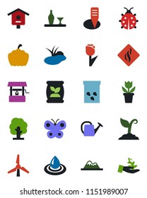 Color and black flat icon set - flower in pot vector, tree, watering can, sproute, butterfly, lady bug, well, plant label, pumpkin, seeds, pond, bird house, fertilizer, tulip, windmill, mountains