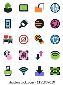 Color and black flat icon set - no laptop vector, desk, notebook pc, printer, support, folder document, network, touch screen, hdmi, data exchange, download, wireless, fingerprint, home control app