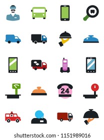 Color and black flat icon set - airport bus vector, mobile phone, ambulance car, doctor, office, 24 hours, delivery, heavy scales, search cargo, support, moving, reception, waiter