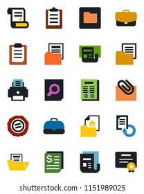 Color and black flat icon set - document search vector, reload, stamp, contract, receipt, folder, news, clipboard, paper clip, printer, estate, case, certificate