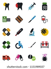 Color and black flat icon set - disabled vector, syringe, blood test vial, dropper, thermometer, microscope, pills, bottle, blister, scalpel, patch, ambulance car, caries, hospital, virus
