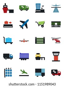 Color and black flat icon set - plane vector, airport tower, runway, arrival, baggage conveyor, trolley, helicopter, seat map, building, wheelbarrow, truck trailer, car delivery, sea port, container