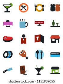Color and black flat icon set - spoon and fork vector, coffee, waiter, alcohol, restaurant table, cafe, wine card, reserved, cocktail, plates, salt pepper, receipt, steak, ham, knife, storefront