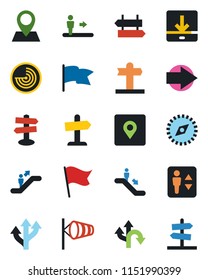 Color and black flat icon set - elevator vector, escalator, signpost, right arrow, wind, radar, route, pin, download, place tag, compass, flag, guidepost