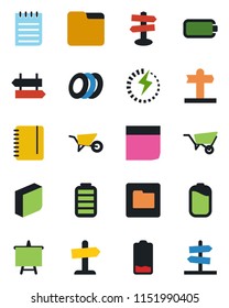 Color and black flat icon set - signpost vector, notepad, presentation board, wheelbarrow, battery, low, folder, charge, blank box, plates, guidepost