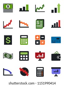 Color and black flat icon set - credit card vector, growth statistic, calculator, crisis graph, receipt, bar, wallet, cash, presentation