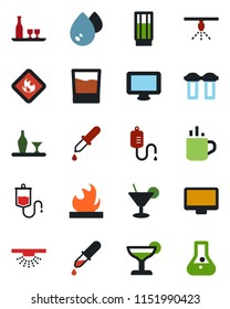 Color and black flat icon set - hot cup vector, dropper, flammable, monitor, alcohol, drink, cocktail, water, filter, sprinkler, flask