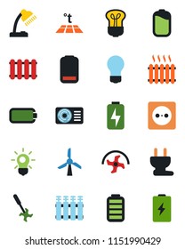 Color and black flat icon set - bulb vector, ripper, battery, low, charge, desk lamp, heater, air conditioner, socket, power plug, radiator, warm floor, windmill