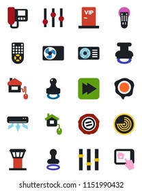 Color And Black Flat Icon Set - Airport Tower Vector, Stamp, Radar, Settings, Remote Control, Fast Forward, Air Conditioner, Vip Zone, Home, Intercome, App