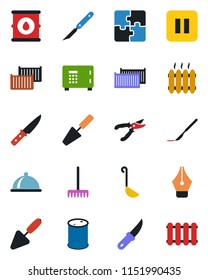 Color and black flat icon set - safe vector, trowel, rake, pruner, garden knife, scalpel, cargo container, oil barrel, pause button, application, ink pen, heater, dish, ladle, radiator