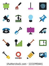 Color and black flat icon set - ladder car vector, presentation board, drawing pin, bulb, job, pencil, garden fork, shovel, rake, well, satellite, brightness, fingerprint id, cellular signal, plan
