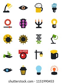 Color and black flat icon set - sun vector, bulb, garden light, eye, traffic, brightness, desk lamp, beer, candle, energy saving, outdoor, alarm led, palm sproute, shining head