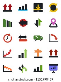 Color and black flat icon set - signpost vector, left arrow, growth statistic, crisis graph, route, navigation, up side sign, sorting, data exchange, download, update, bar, moving, clock