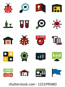 Color and black flat icon set - contract vector, statistic monitor, lady bug, blood test vial, medical calendar, warehouse, search cargo, application, sertificate, alcohol, wine card, open close