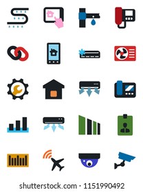 Color and black flat icon set - plane radar vector, identity card, drip irrigation, sorting, barcode, chain, root setup, air conditioner, smart home, intercome, control app, surveillance