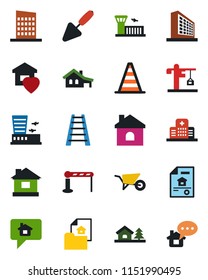 Color and black flat icon set - barrier vector, border cone, airport building, office, trowel, ladder, wheelbarrow, house, hospital, with garage, tree, estate document, sweet home, city, crane