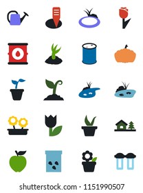 Color and black flat icon set - flower in pot vector, seedling, watering can, sproute, plant label, pumpkin, seeds, pond, tulip, oil barrel, house with tree, apple fruit, water filter