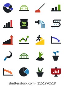 Color and black flat icon set - growth statistic vector, seedling, watering, sproute, hoe, sickle, greenhouse, fertilizer, drip irrigation, bar graph, pie, point, career ladder, crisis, presentation