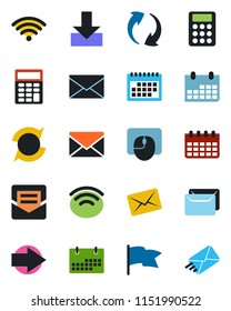 Color and black flat icon set - right arrow vector, mail, mouse, calendar, update, download, wireless, calculator, flag