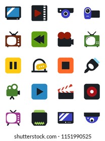Color and black flat icon set - ticket office vector, clapboard, tv, video camera, play button, pause, stop, rewind, rec, hdmi, web, surveillance