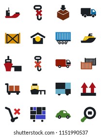 Color and black flat icon set - sea shipping vector, truck trailer, cargo container, car delivery, port, consolidated, warehouse storage, up side sign, no trolley, hook, package, search