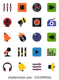 Color and black flat icon set - vinyl vector, flame disk, microphone, radio, settings, equalizer, headphones, play button, stop, fast forward, rewind, tuning, bell, record, sound