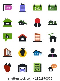 Color and black flat icon set - office building vector, real heart, contract, house, with garage, tree, rent, sold signboard, estate agent, city, eco, home message
