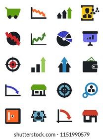 Color and black flat icon set - checkroom vector, growth statistic, crisis graph, store, pie, hr, target, consumer search, arrow up, wallet, cart, presentation, storefront