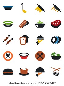Color and black flat icon set - spoon and fork vector, cafe, salad, plates, bacon, waiter, bread, chicken, steak, kebab, hamburger, ladle, bowl, rolling pin, sushi