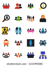 Color and black flat icon set - spoon and fork vector, train, male, team, meeting, group, user, company, hr, client search, consumer, hierarchy