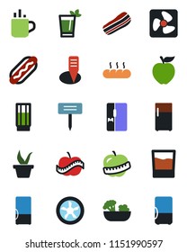 Color and black flat icon set - hot cup vector, seedling, plant label, diet, fridge, drink, phyto bar, salad, bacon, bread, dog, apple fruit, fan