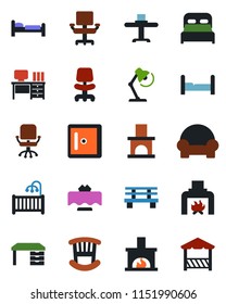 Color and black flat icon set - bed vector, checkroom, office chair, desk, bench, fireplace, lamp, bedroom, children room, cushioned furniture, restaurant table, alcove