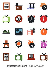 Color and black flat icon set - alarm clock vector, tv, abacus, stamp, fireplace, film frame, flame disk, gallery, house with tree